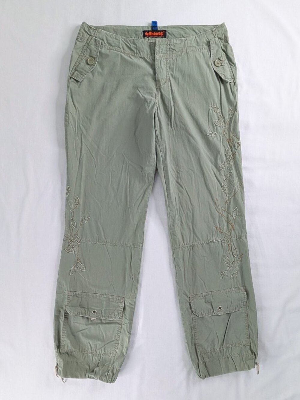 Y2k Low Rise Green Cargo Pocket Botanical Embroidered Cotton Cinched Leg Pants